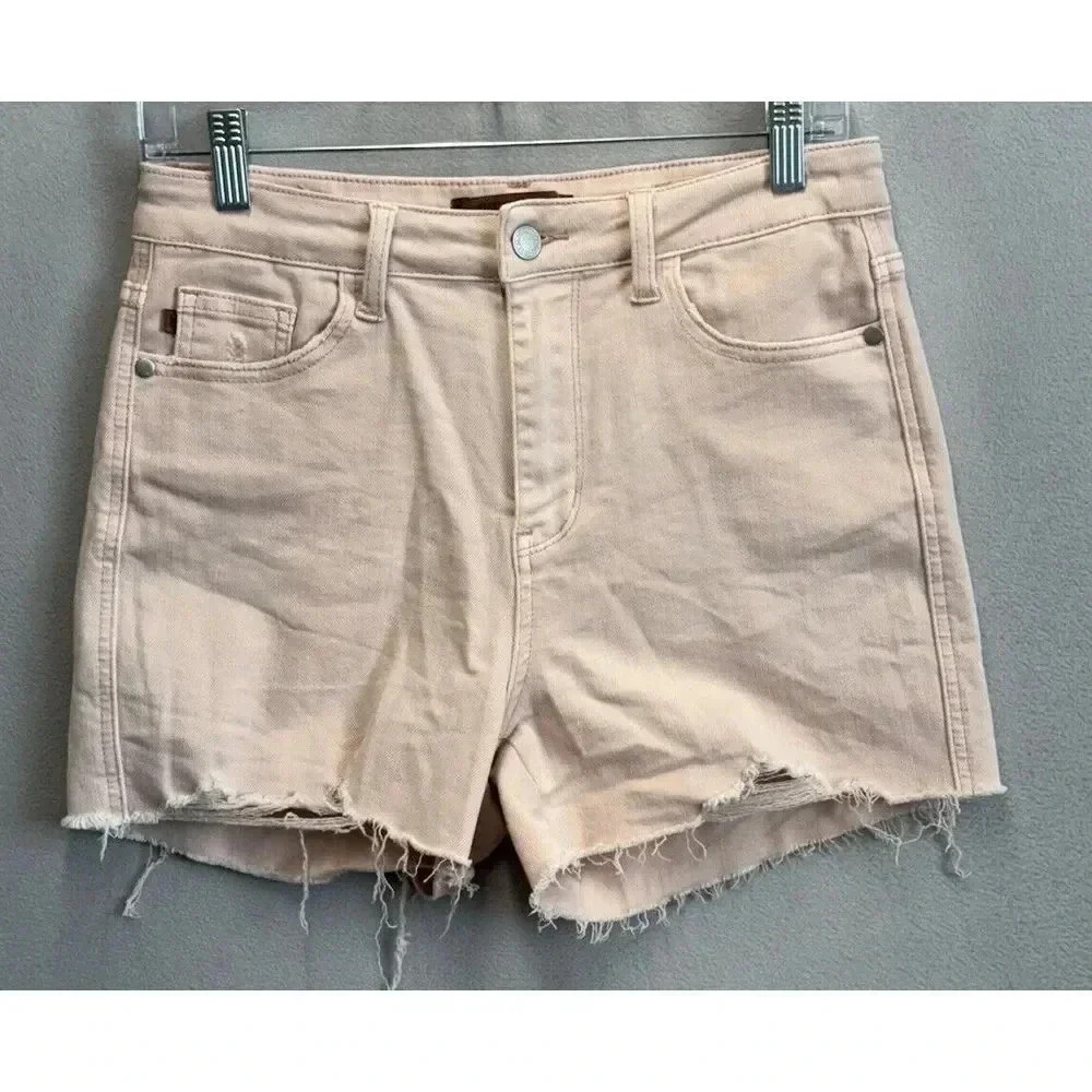 Judy Blue Jean Shorts Women's M Garment Dyed Blush Pink Mid Rise Raw Hem Denim